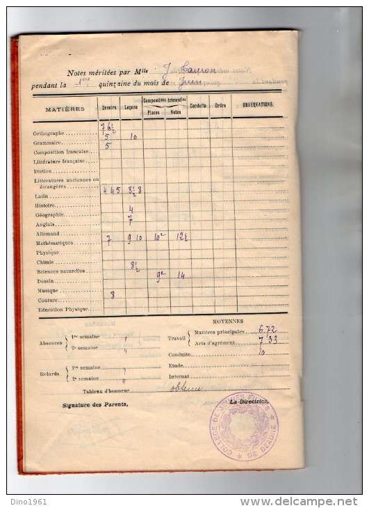 VP3389 - Carnet De Notes De Quinzaine De J. TANRON - Collège De Jeunes Filles De BEAUNE - Diplomi E Pagelle