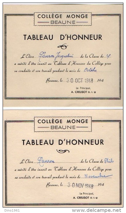 VP3392 - Collège Monge à BEAUNE - Tableau D'Honneur à  J. TANRON - Diplomi E Pagelle