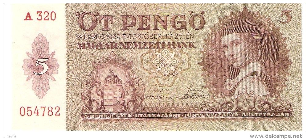 HUNGARY 5 PENGO 1939 PICK 106 AUNC - Hongarije