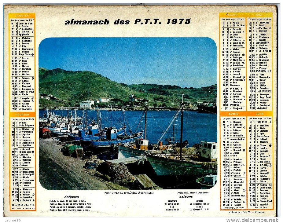 ALMANACH DES P.T.T. 1975 (57)  -  ** PORT VENDRES ( P.O.) - LE VIGAN (LOT)** Photo ; DURNELL/DONNEZAN - Calendrier OLLER - Big : 1961-70