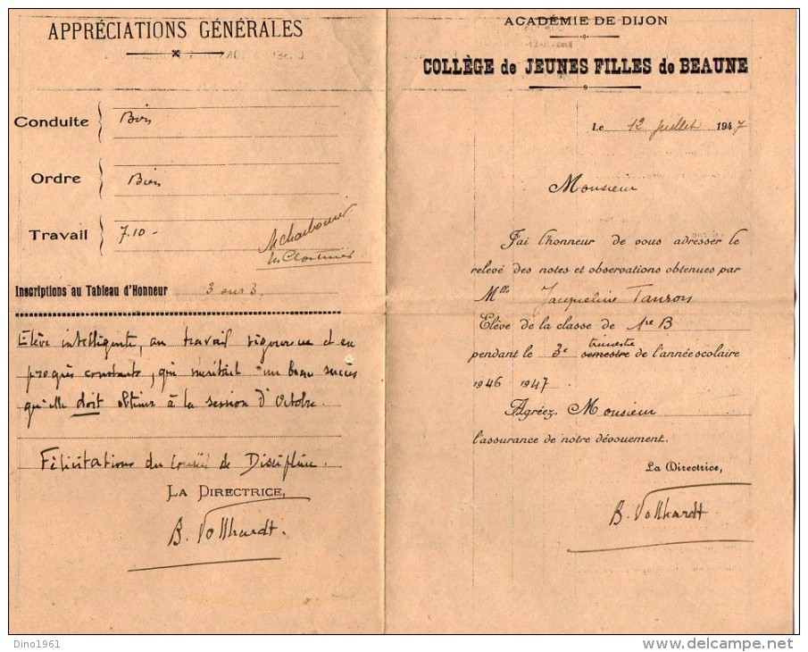 VP3394 - Académie De DIJON - Collège De Jeunes Filles De Beaune - 3 Relevés De Notes Melle J. TANRON - Diplômes & Bulletins Scolaires