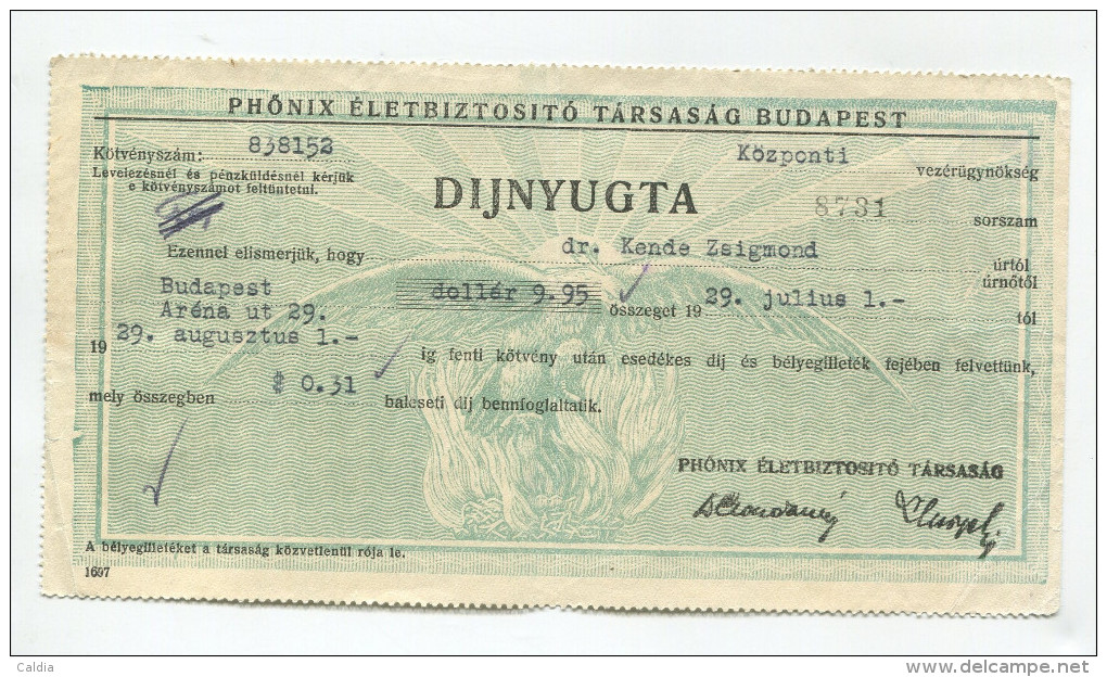 Hongrie Hungary Ungarn "" DIJNYUGTA """ PHONIX ELETBIZTOSITO TARSASAG Ticket - Tickets - Vouchers