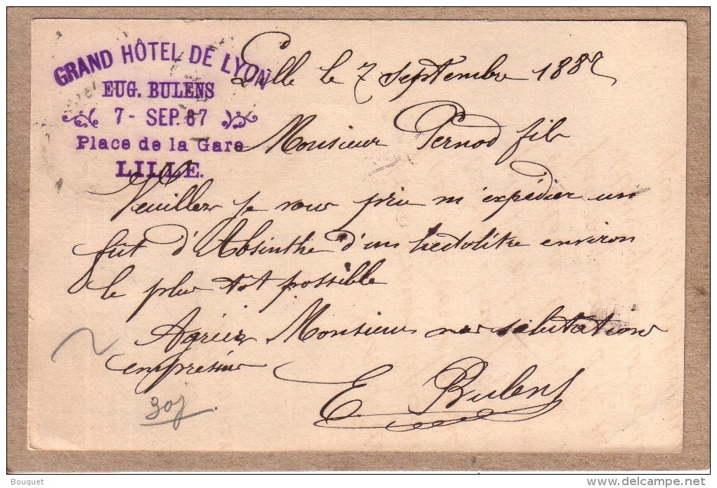 NORD - LILLE - ABSINTHE - COMMANDE DE EUG. BULLENS , GRAND HÔTEL DE LYON , A PERNOD FILS , PONTARLIER - 1887 - Lille