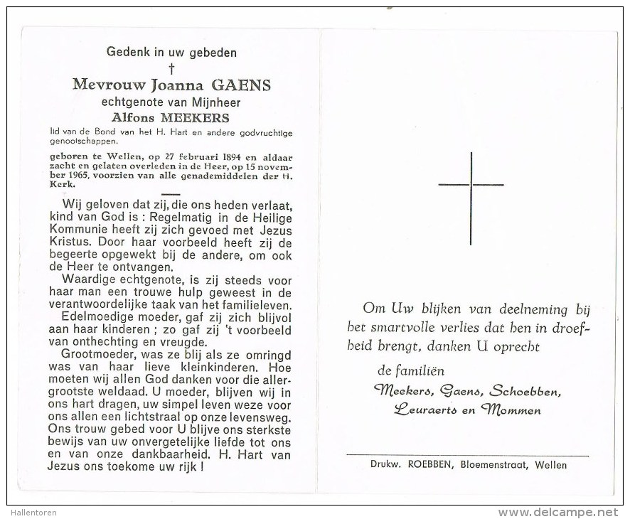Wellen :  Mevrouw Joanna Gaens ; 1965 ( 2 Scans) - Andachtsbilder