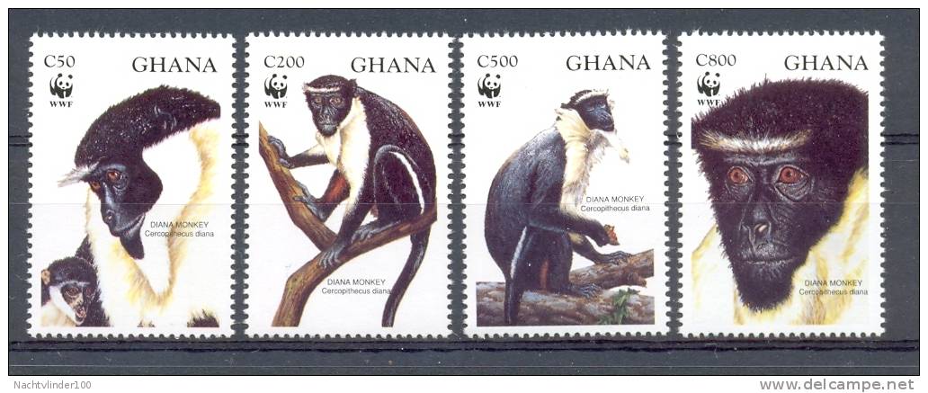 Ncw164s WWF FAUNA AAP APEN ZOOGDIER DIANA MONKEYS MAMMALS APES AFFEN SINGES GHANA 1994 PF/MNH - Colecciones & Series