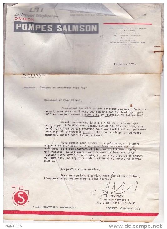 LETTRE ACCIDENTEE  1969 (AVEC LETTRE D'EXCUSES DE L'ADMINISTRATION)  COMPETE AVEC PUB DES POMPES SALMSON  EAU - 1961-....