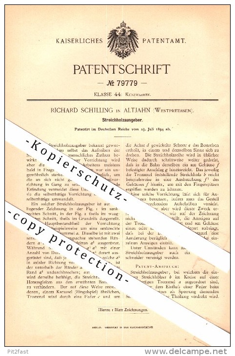 Original Patent - Richard Schilling In Altjahn Bei Smetowo Graniczne , 1894 , Streichholz - Ausgeber , Zündhölzer !!! - Historical Documents