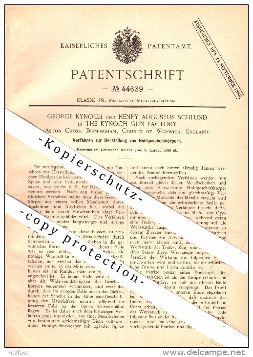 Original Patent - G. Kynoch And H. Schlund In The Kynoch Gun Factory , 1888 , Projectiles , Aston Cross , Birmigham - 1914-18