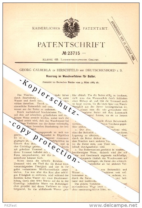 Original Patent - Georg Calberla In Hirschfeld / Reinsberg B. Nossen , 1883 , Waschen Von Butter , Deutschenbora !!! - Reinsberg (Sachsen)