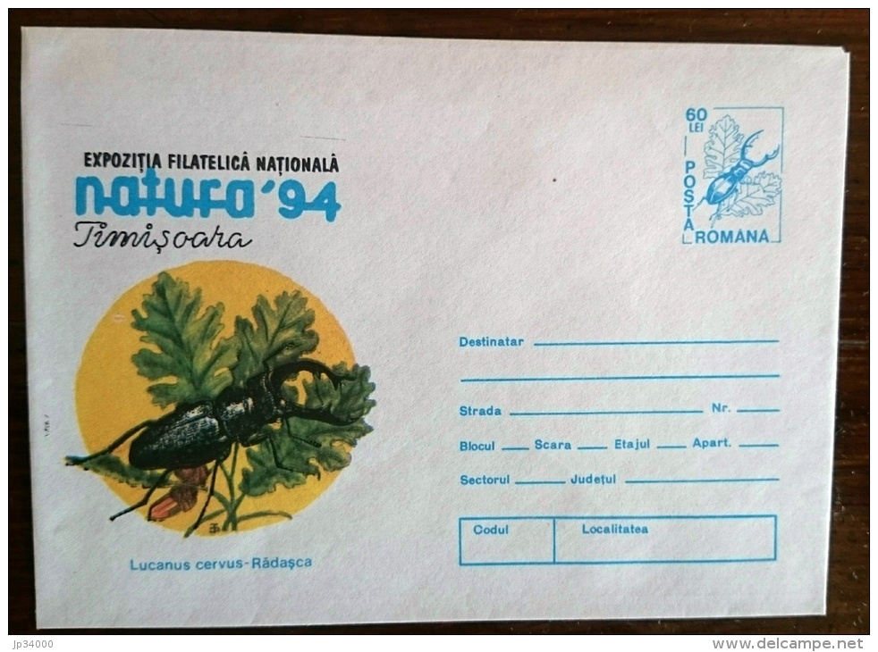 ROUMANIE Insectes,insecte,entier Postal Illustré Neuf, NATURA 94.LACANUS CERVUS RADASCA - Papillons