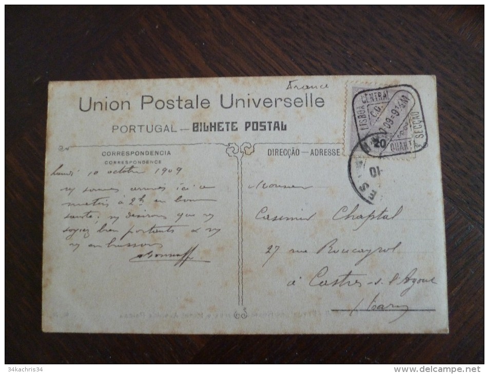 Sur CPA Lisboa Cachet Lisboa Central Quart Seçao 1909 A Voir - Storia Postale