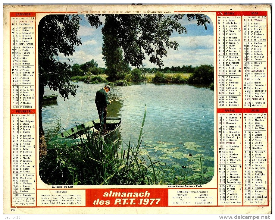 ALMANACH DES P.T.T. 1977 (67)   -  ** AU BORD DU LOIR  -  POINTER EST SA PROIE **  - Calendrier OLLER - N° 216 - Big : 1971-80