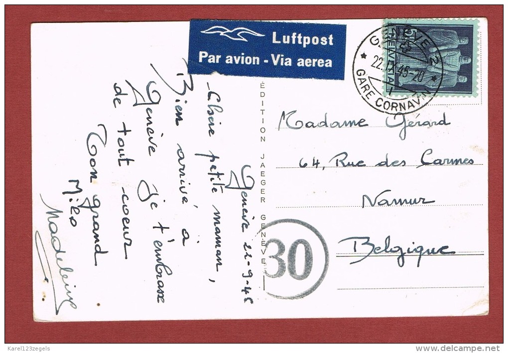 Poste Aerienne Luftpost Genève - Bruxelles Carte Postale Affr. Schwur Der 3 Urkantone 0,50 Fr  22/9/45 - Brieven En Documenten