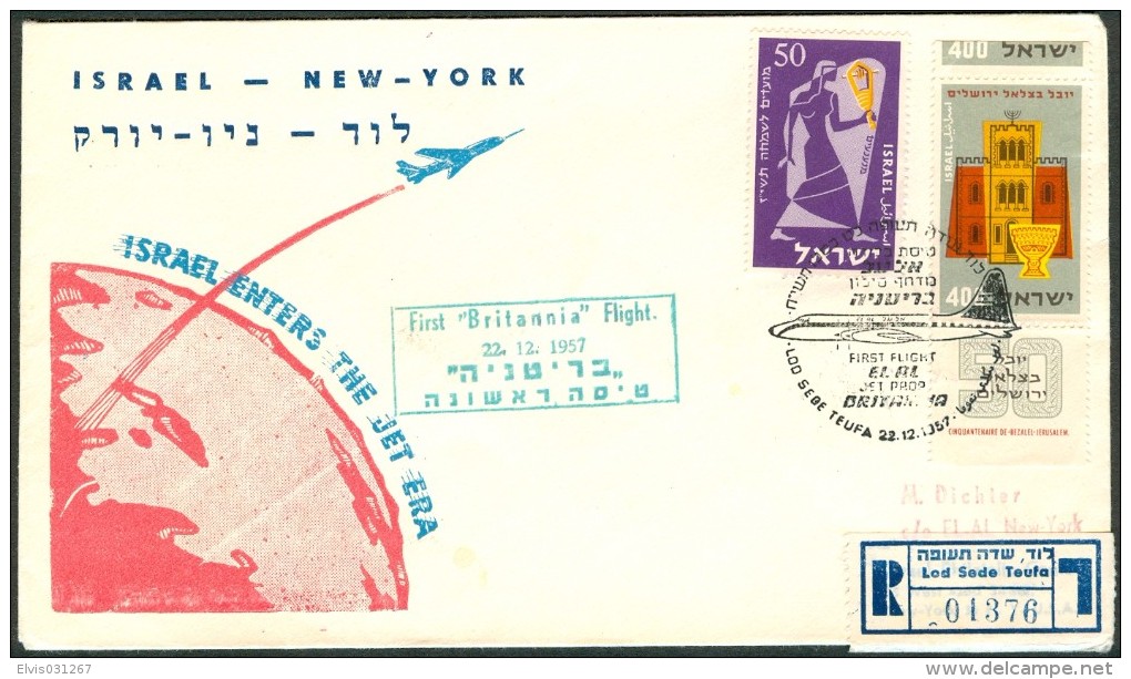 Israel LETTER FLIGHT EVENTS - 1957 FIRST FLIGHT LOD - NEW YORK, REGISTERED, *** - Mint Condition - - FDC