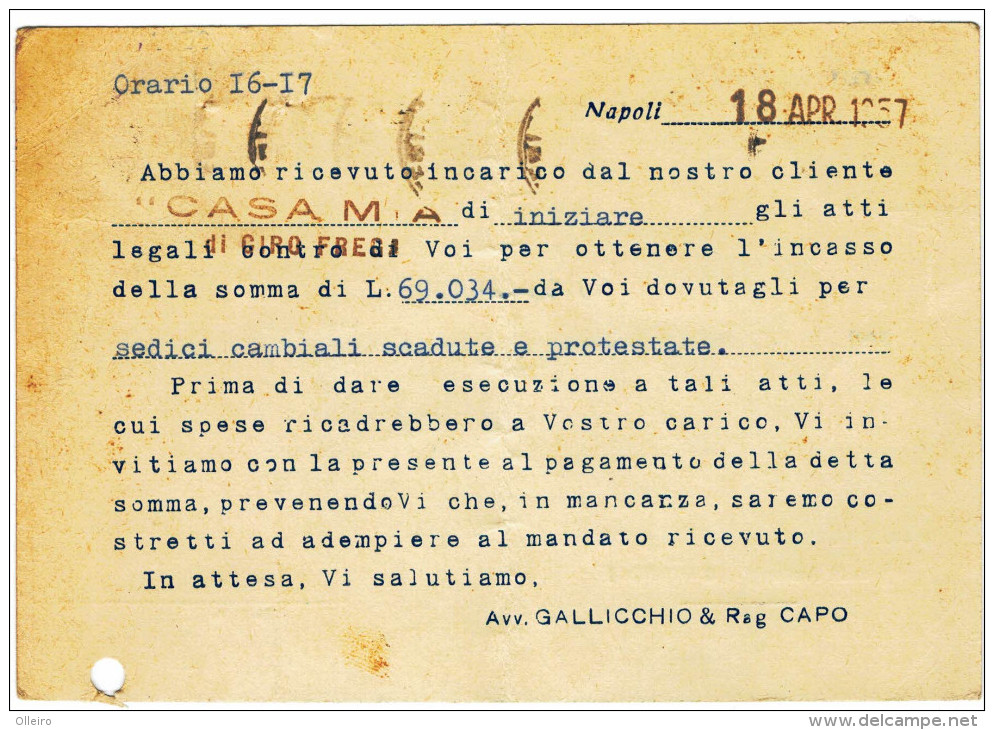 Italia Italy 1957 Cartolina Postale Affrancata Con 5L Siracusana Del 19/4/57 - 1946-60: Storia Postale