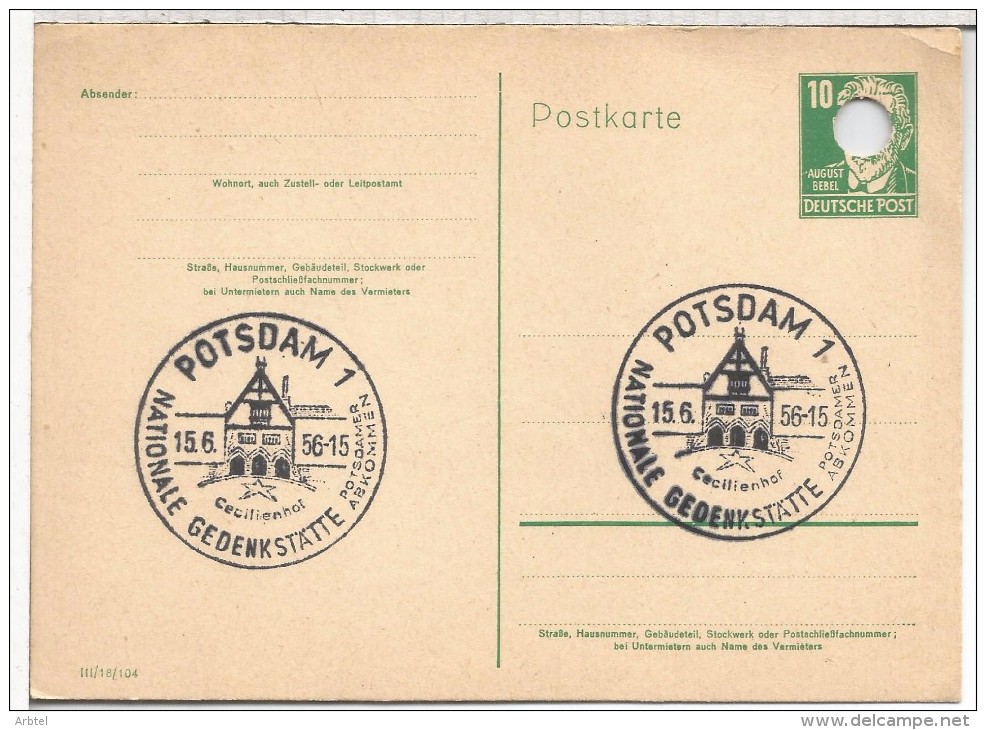 ALEMANIA DDR ENTERO POSTAL MAT POTSDAM AGUJERO EN LA PARTE DEL SELLO 1956 - Lettres & Documents