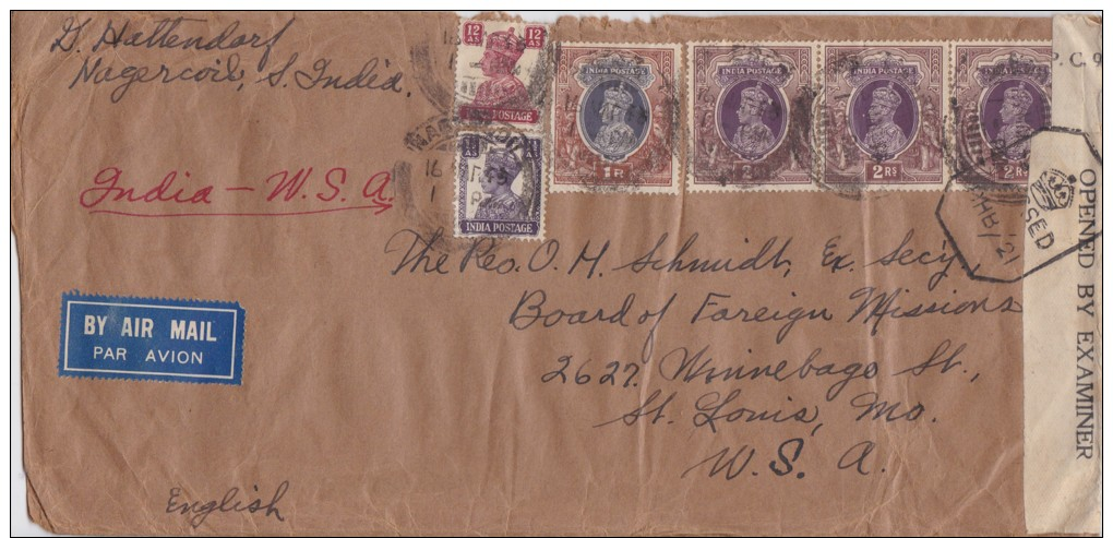 India; Censored Cover To USA 1943 - 1936-47 Roi Georges VI