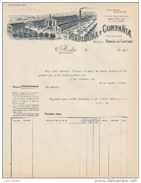 ASTURIAS - AVILES - Maribona & Compañia - Fabrica De Curtidos  PRIX FIXE - Espagne