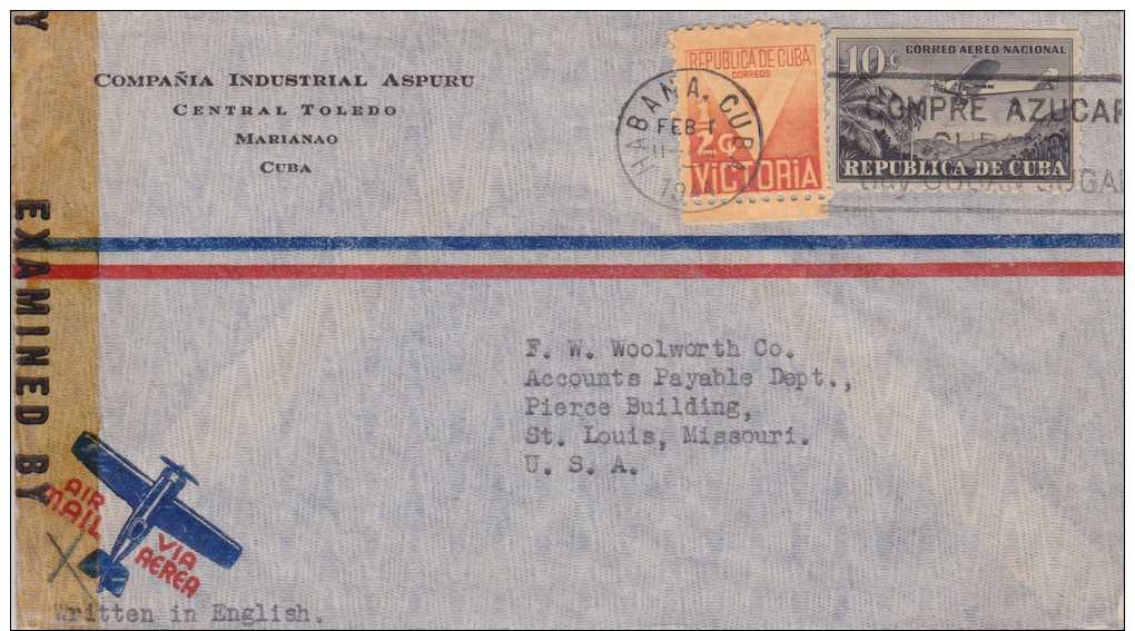 Cuba; Censored Cover To USA 1944 - Lettres & Documents