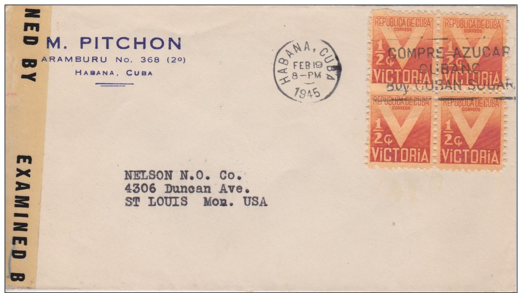 Cuba; Censored Cover To USA 1945 - Lettres & Documents