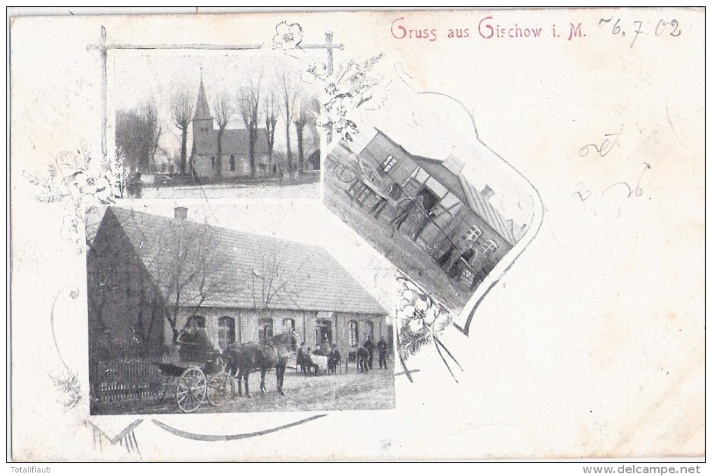 GISCHOW Bei Lübz Gasthof Pferde Kutsche Stellmacherei Ackerwagenräder 6.7.1902 Gelaufen - Lübz