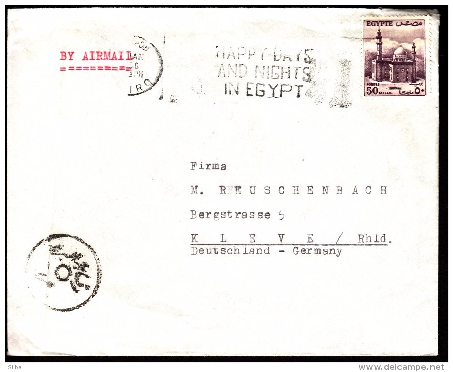 Egypt Cairo 1958 Foreign Traffic To Germany Happy Days And Nights In Egypt Machine Stamp - Aéreo