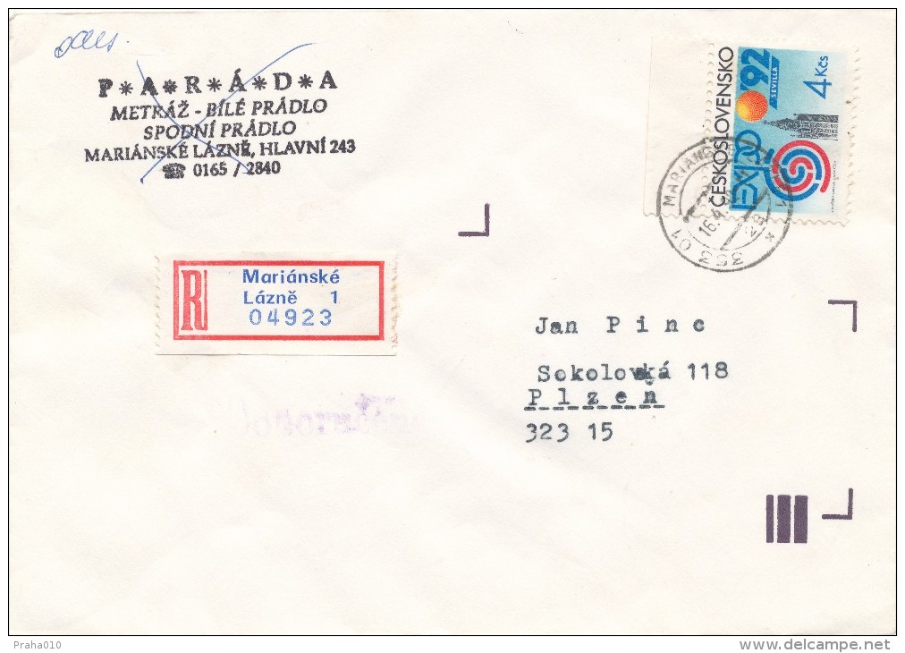 K6878 - Czechoslovakia (1992) 353 01 Marianske Lazne 1 (R-letter) Tariff: 4 Kcs (stamp: EXPO 92 Sevilla) - 1992 – Sevilla (Spanje)