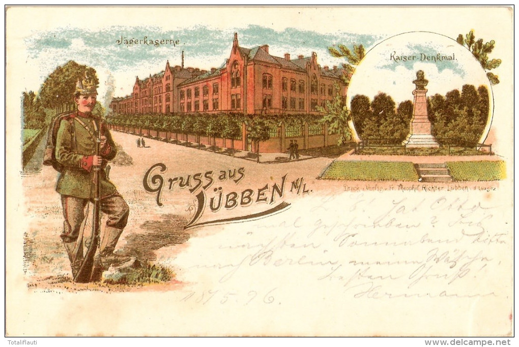 LÜBBEN Lausitz Jäger Mit Karabiner Tschako Vor Kaserne Litho Vorläufer 18.5.1896 Gelaufen - Luebben