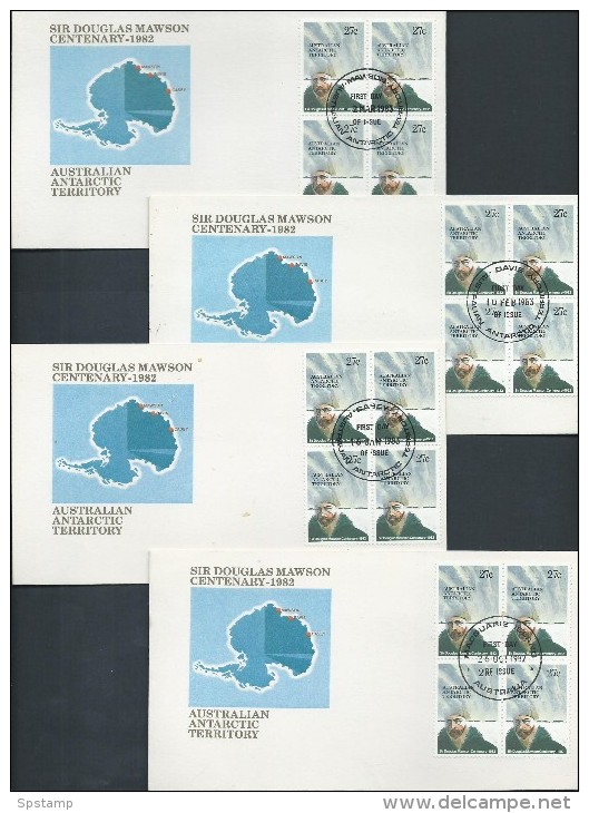 Australian Antarctic Territory 1982 27c Mawson Blocks Of 4 On 4 Base FDC Set Official Unaddressed - Other & Unclassified