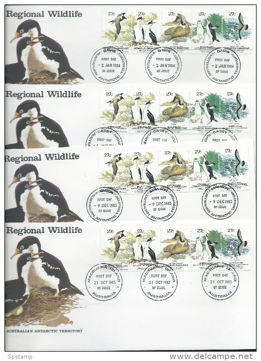 Australian Antarctic Territory 1983 Regional Wildlife Strip Of 5 4 Base FDC Set Official Unaddressed - Other & Unclassified