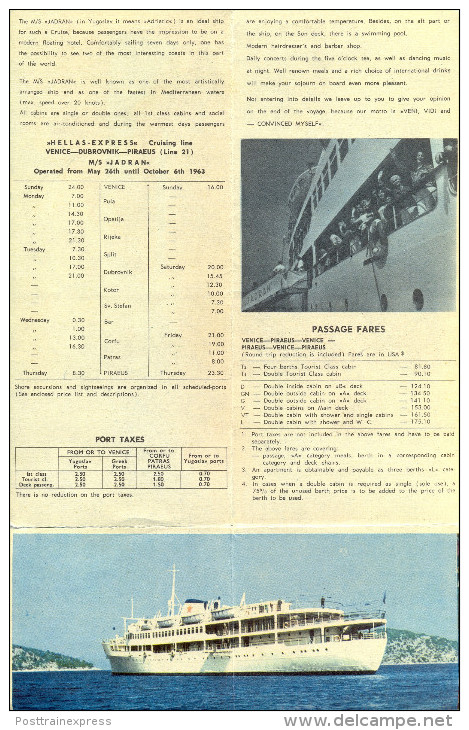 EX.YU.Croatia.Jadrolinija. "Hellas-Express" Cruising Line 21: Venice-Dubrovnik-Peraeus On M/S "Jadran" - Tourism Brochures