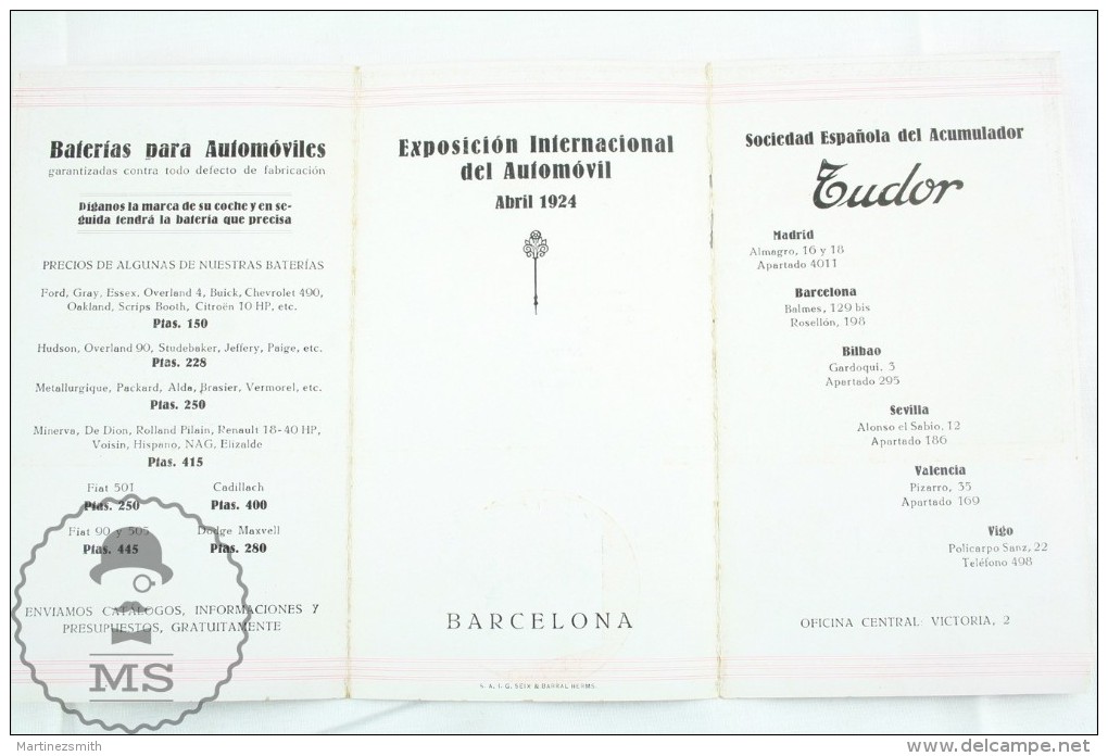 1924 Tudor Batteries Spanish Advt Leaflet From The International Car Exhibition - Otros & Sin Clasificación
