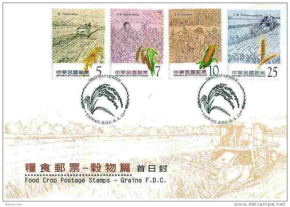 FDC(B) Taiwan 2013 Food Crop Stamps- Grains Rice Millet Maize Corn Wheat Plant Flora Farm Farmer Cultivator Harvester - FDC