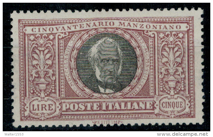 Italia Regno 1923 Manzoni 5 Lire Ottimamente Centrato ** MNH Gomma Integra Freschissimo Cert. Caffaz - Nuovi