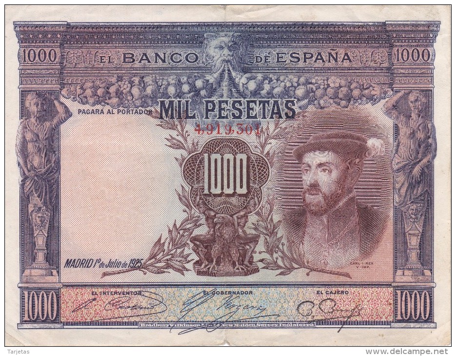 BILLETE DE ESPAÑA DE 1000 PTAS DEL AÑO 1925 DE CARLOS I CALIDAD BC  SIN SERIE (BANKNOTE) - 1000 Pesetas