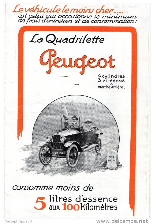 PUBLICITE PEUGEOT LA QUADRILETTE 3 PAGES FORMAT 15 X23,50 - Publicités