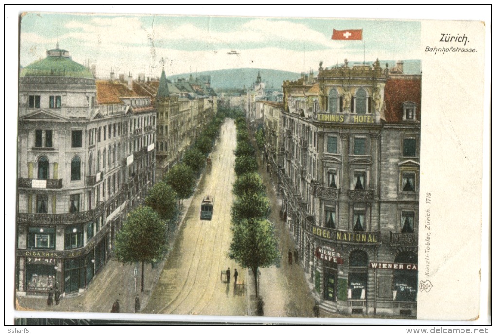 Zürich Bahnhofstrasse Hotel National Wiener Café Cigarren  Farblitho 1905 - Zürich