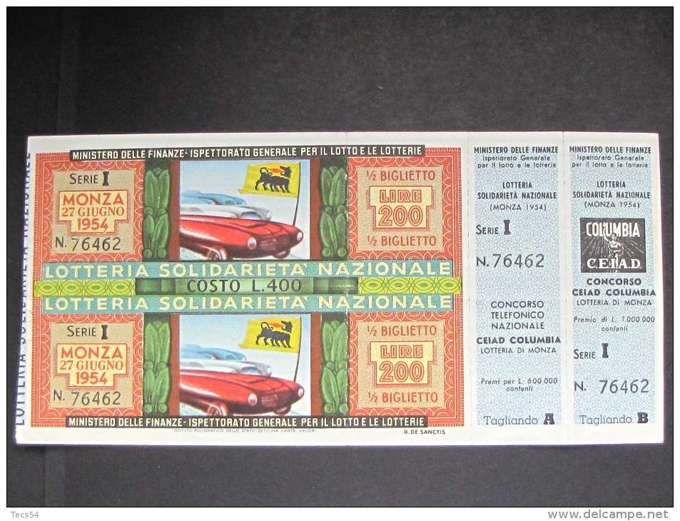 BIGLIETTO LOTTERIA 1954 SOLIDARIETA' NAZIONALE MONZA CON TAGLIANDO SPL - Biglietti Della Lotteria