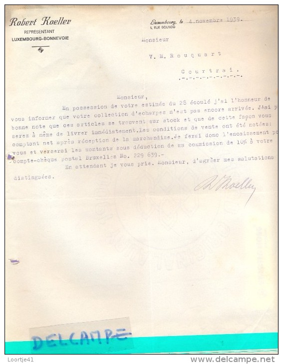 Factuur Facture - Lettre - Robert Koeller - Luxembourg - Bonnevoie 1939 Naar Kortrijk - Luxemburg