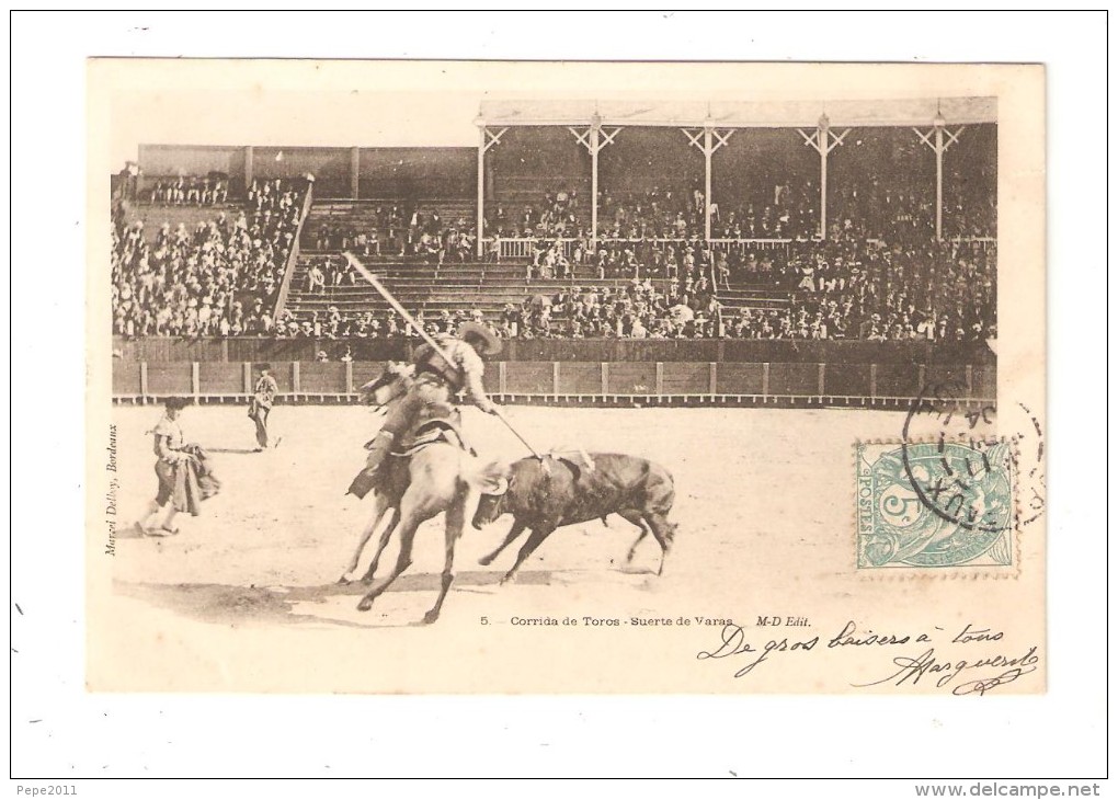 CPA Corrida De Toros Suerte De Varas Cavalier Taureau - Spectateurs - 1904 - Corridas
