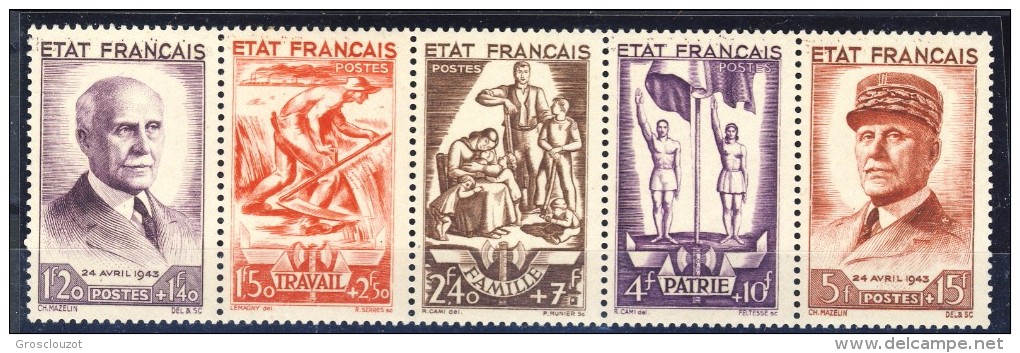 Francia 1943 Serie N. 576-580 Pro Soccorso Nazionale. Banda Di 5 MNH GO Catalogo € 155 - Nuovi