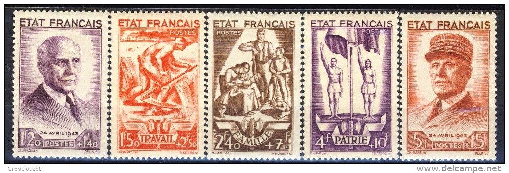 Francia 1943 Serie N. 576-580 Pro Soccorso Nazionale MNH GO Catalogo € 100 - Nuovi