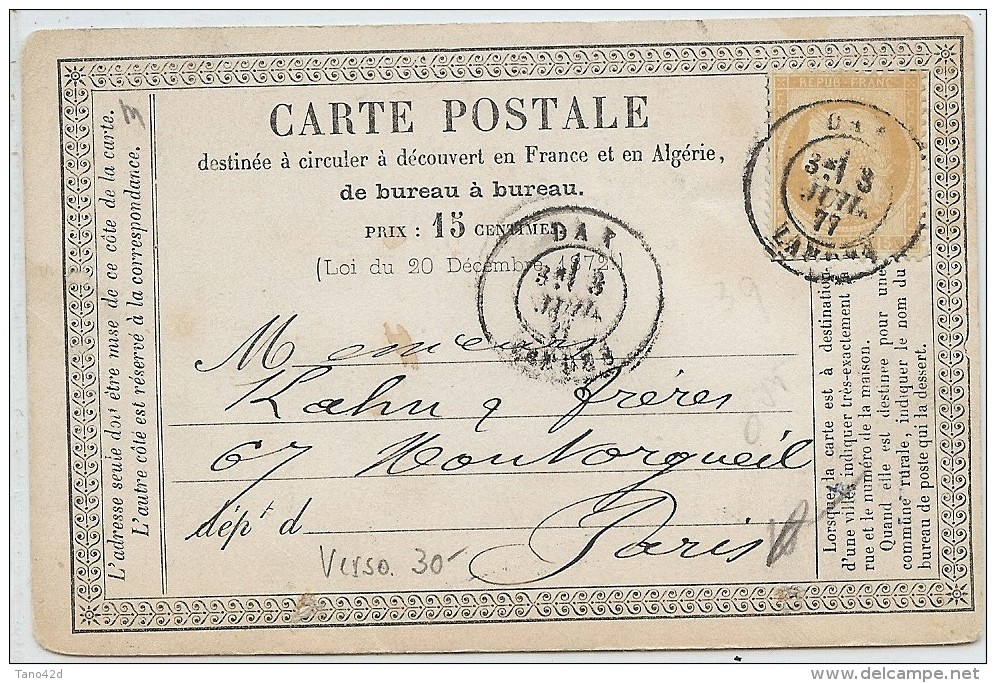LBL36 - EP CP PRÉCURSEUR TYPA 10 AVEC REPIQUAGE "CRESTIN & TAILLEBOIS DAX "  3/7/1877 - Precursor Cards