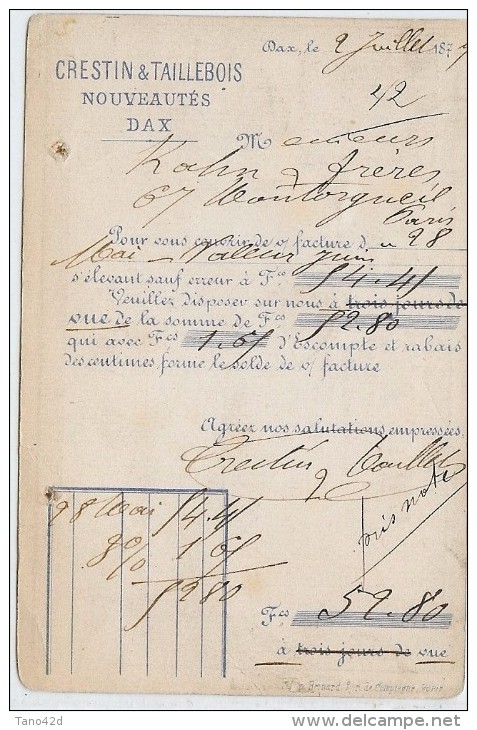 LBL36 - EP CP PRÉCURSEUR TYPA 10 AVEC REPIQUAGE "CRESTIN & TAILLEBOIS DAX "  3/7/1877 - Vorläufer
