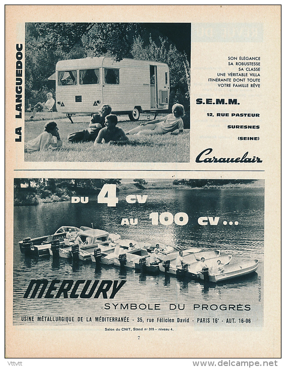 Ancienne Publicite (1964) : Caravanes CARAVELAIR LA LANGUEDOC, Moteur Bateaux MERCURY - Reclame