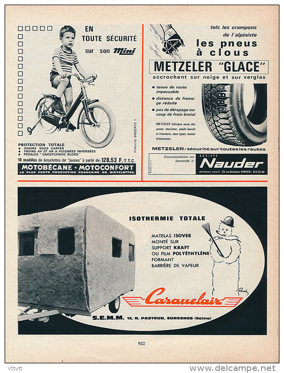 Ancienne Publicite (1964) : Caravanes CARAVELAIR, Pneus à Clous METZELER GLACE, Bicyclette MOTOBECANE-MOTOCONFORT - Publicités