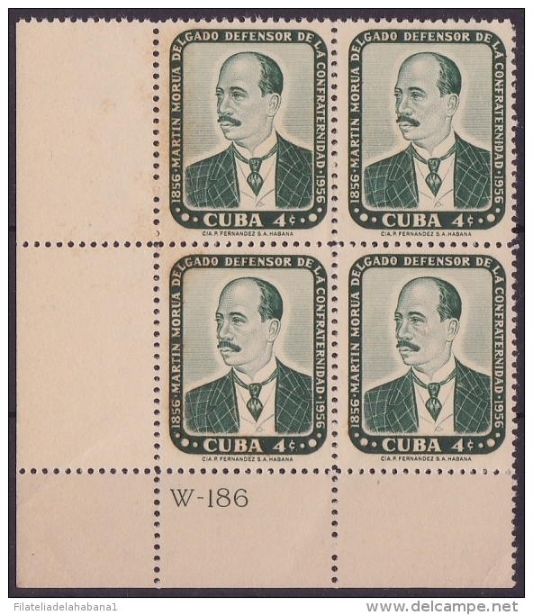 1957-195 CUBA. REPUBLICA. 1957. Ed.681. MARTIN MORUA DELGADO. PLATE NUMBER BLOCK 4. MNH. LIGERAS MANCHAS. - Ongebruikt