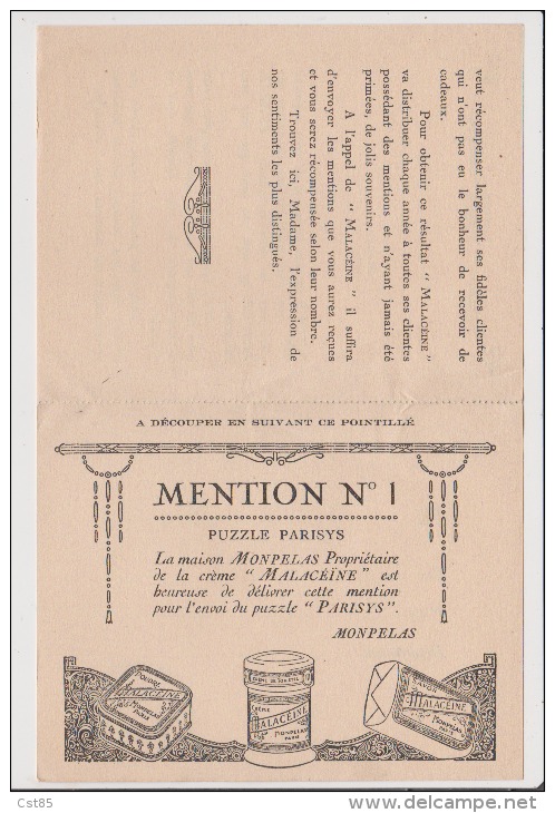 Vieux Papier Publicitaire - MALACEINE - Mention N1 PUZZLE PARISYS La Maison MONPELS Propriétaire De La Crème MALACEINE - Publicités