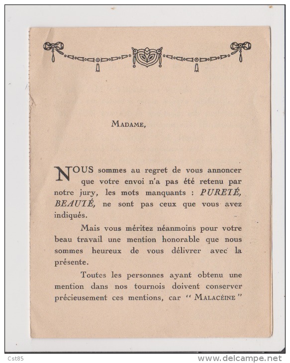 Vieux Papier Publicitaire - MALACEINE - Mention N1 PUZZLE PARISYS La Maison MONPELS Propriétaire De La Crème MALACEINE - Publicités