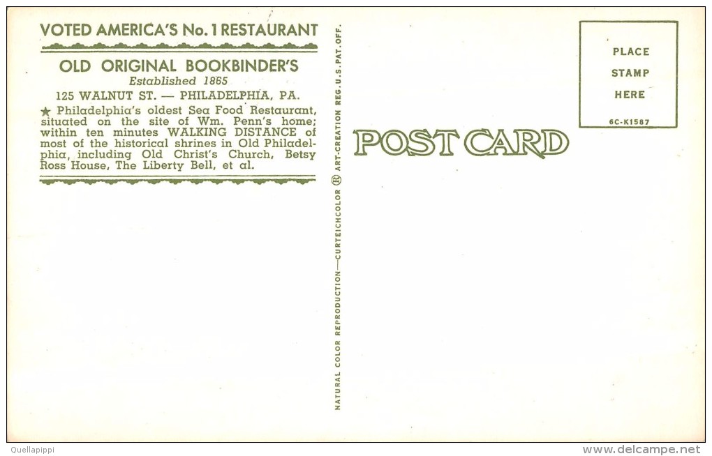 03996 "OLD ORIGINAL BOOKBINDER'S PHILADELPHIA-IL PIU' ANTICO RISTORANTE" ANIMATA, CARROZZA CON CAVALLI. CART. NON SPED. - Philadelphia